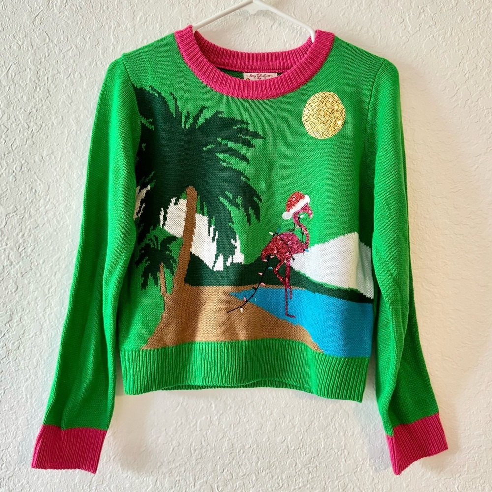Poof New York Merry Christmas Flamingo Beach Green Pink Knit Sequin Sweater M